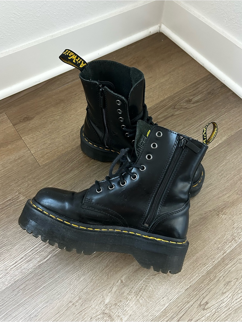 Dr. Martens Black Leather Platform Lace-Up Boots with Yellow Stitching
